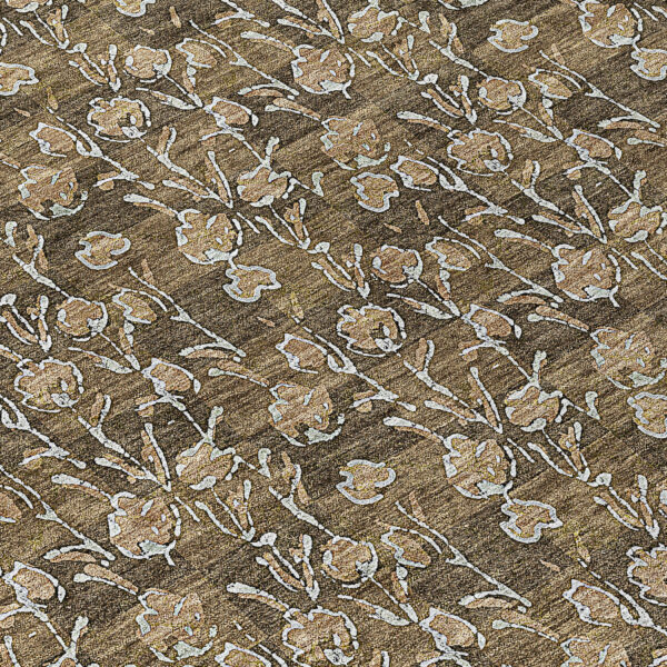 9' X 12' Brown And Ivory Floral Washable Indoor Outdoor Area Rug