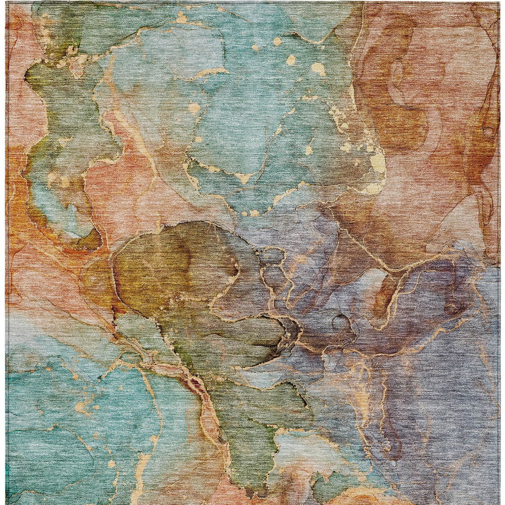 8' X 10' Copper Orange And Teal Blue Abstract Washable Indoor Outdoor Area Rug