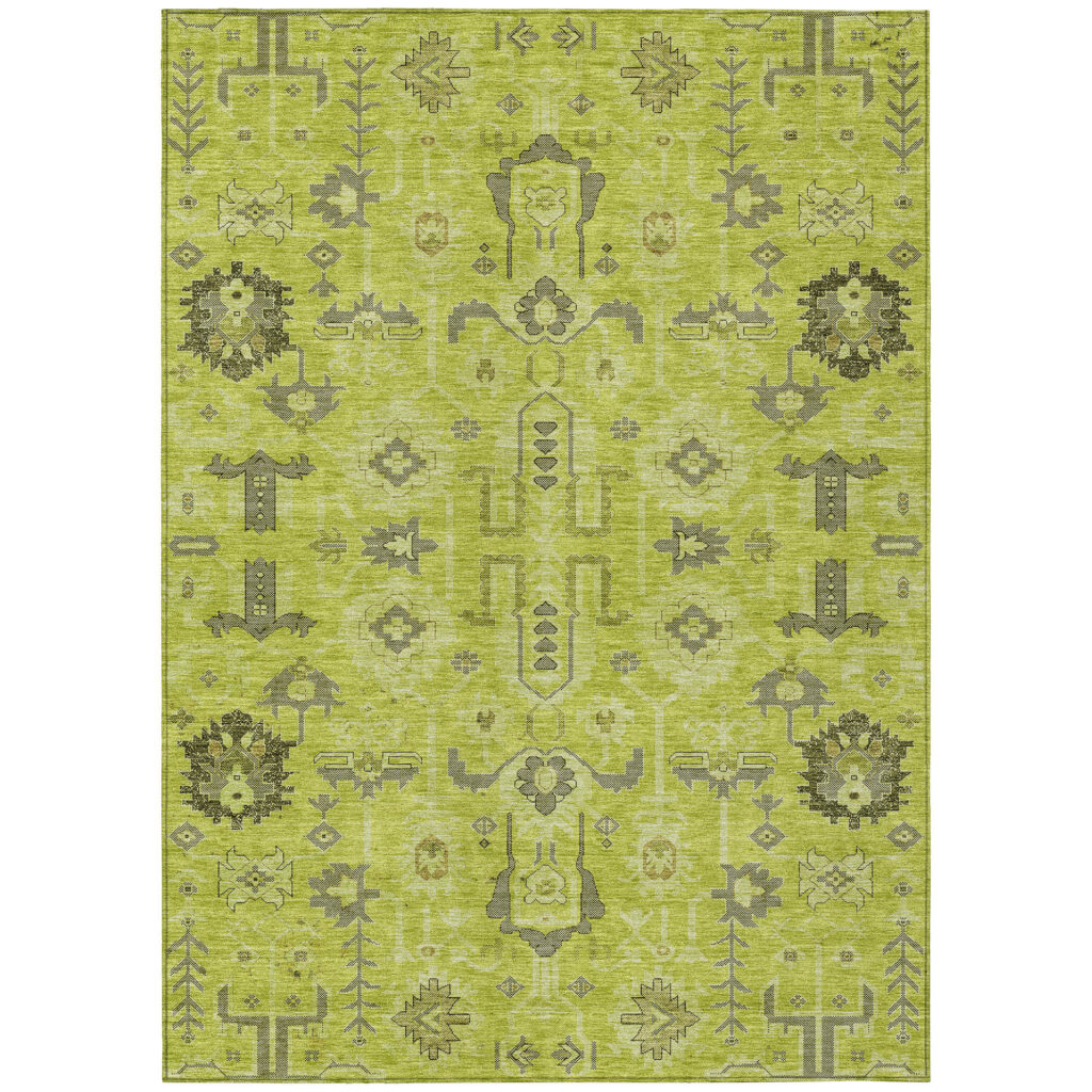5' X 8' Artichoke Green And Fern Green Oriental Washable Indoor Outdoor Area Rug