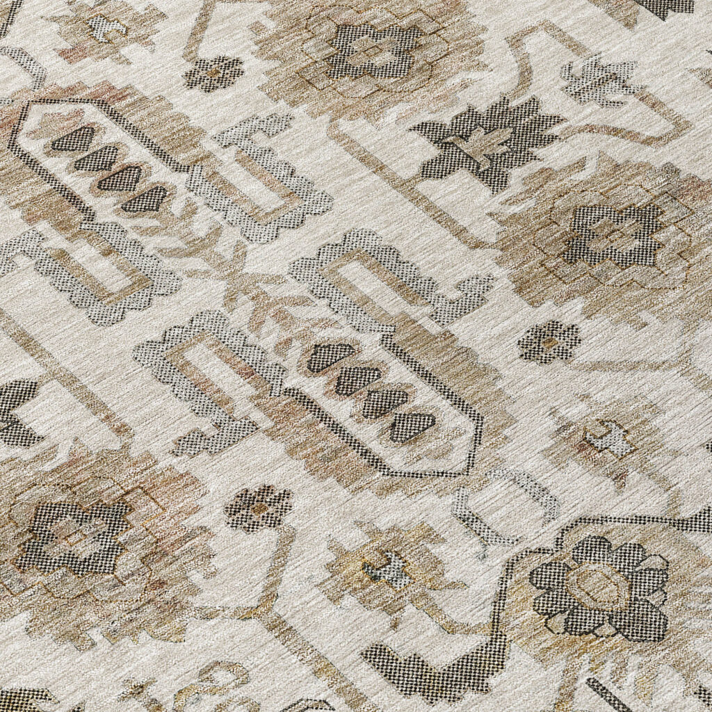 8' Ivory Beige And Taupe Round Oriental Washable Indoor Outdoor Area Rug