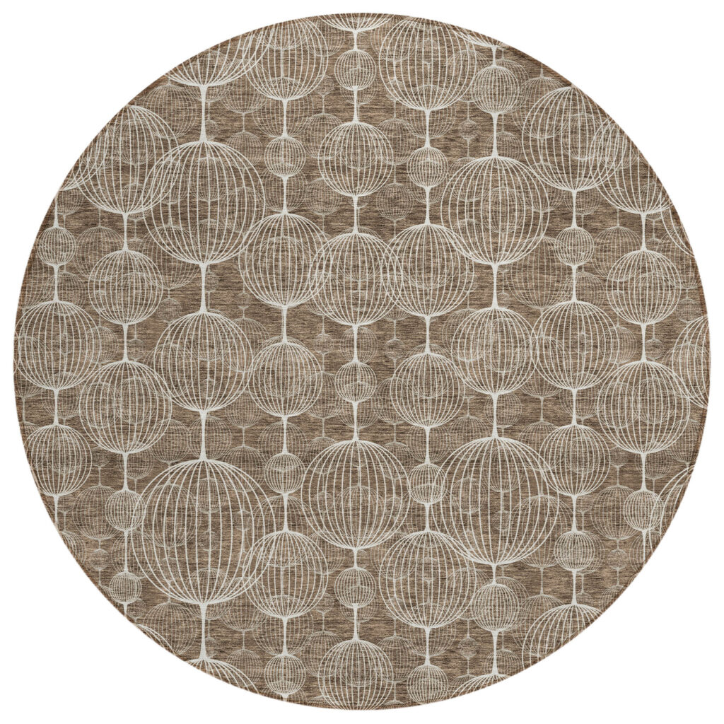 8' Chocolate And Beige Round Geometric Washable Indoor Outdoor Area Rug