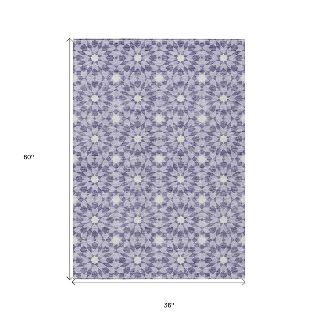 3' X 5' Lilac Purple And Ivory Floral Medallion Washable Indoor Outdoor Area Rug