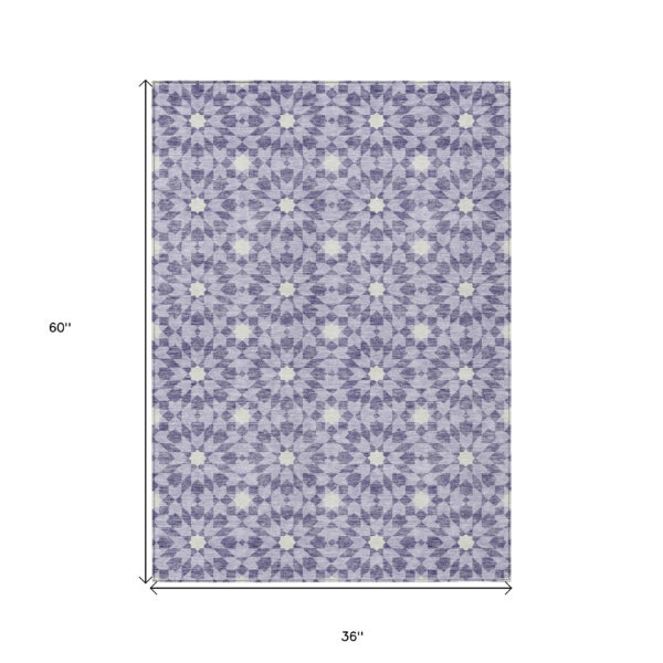 3' X 5' Lilac Purple And Ivory Floral Medallion Washable Indoor Outdoor Area Rug