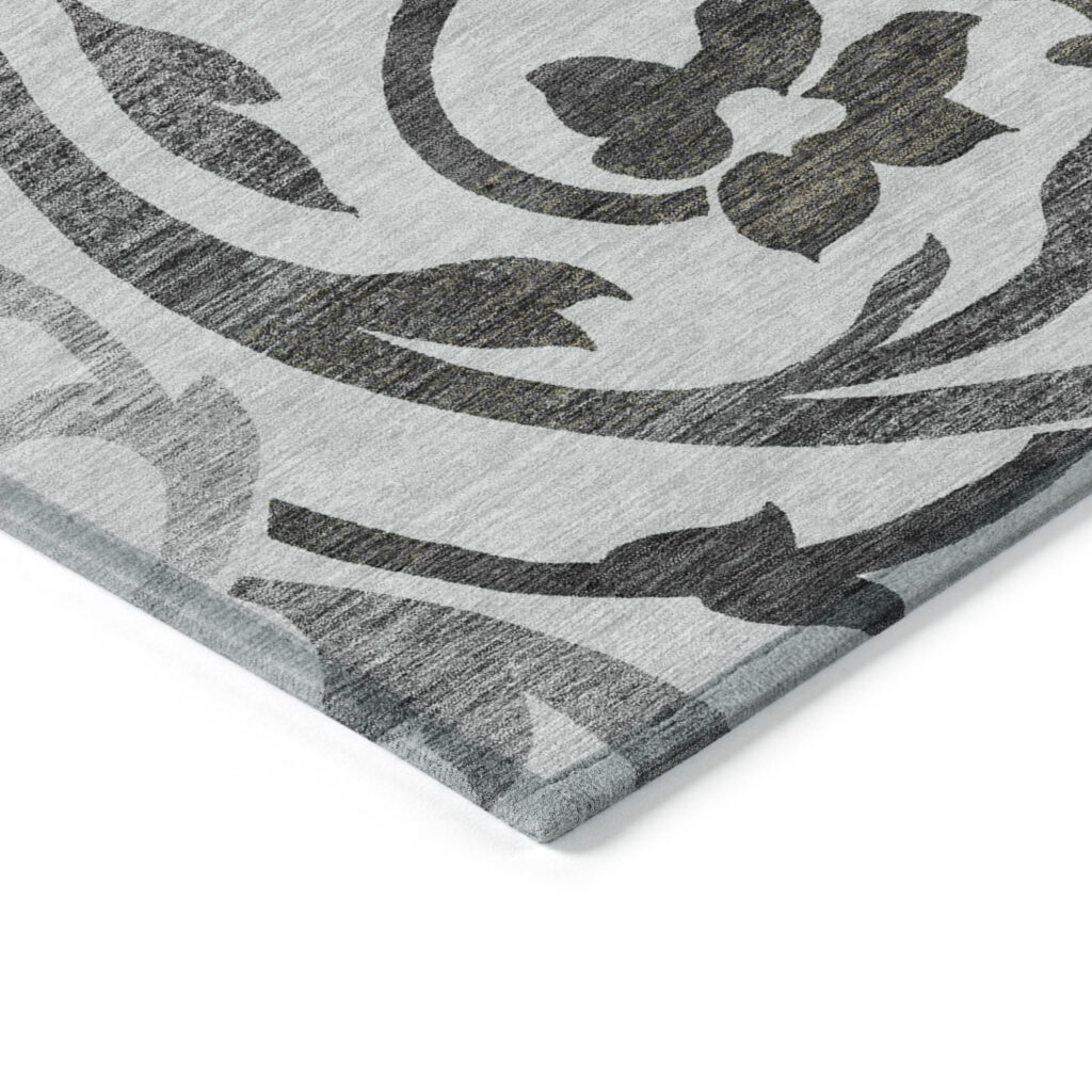 3' X 5' Gray Charcoal And Silver Floral Washable Indoor Outdoor Area Rug