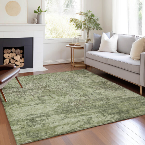 5' X 8' Artichoke Green And Fern Green Floral Washable Indoor Outdoor Area Rug