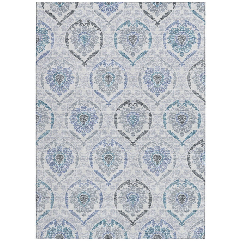10' X 14' Gray And Denim Blue Medallion Washable Indoor Outdoor Area Rug