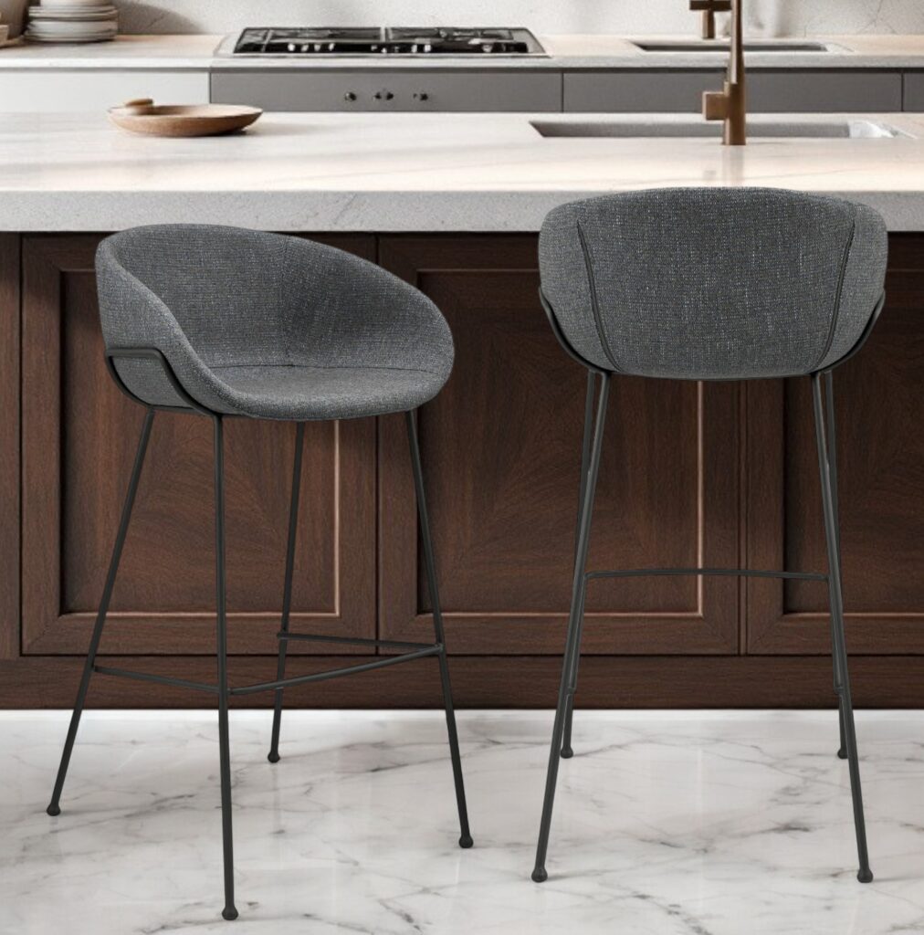 Set of Two 30" Gray and Black Fabric and Steel Low Back Bar Height Bar Chairs
