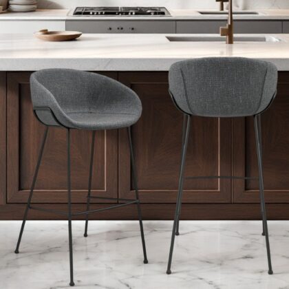 Set of Two 30" Gray and Black Fabric and Steel Low Back Bar Height Bar Chairs