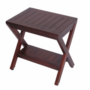 Compact X Shape Teak Shower Outdoor Bench With Shelf In Brown Finish