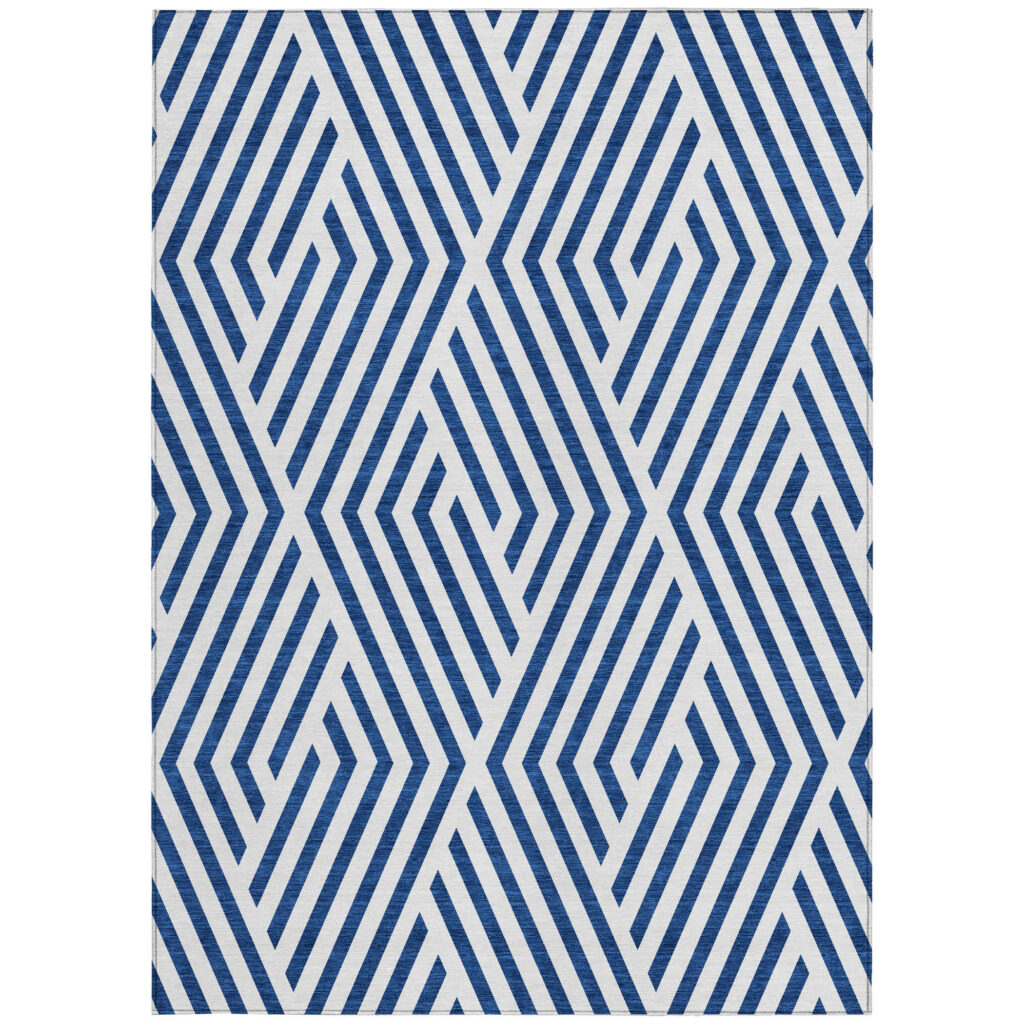 3' X 5' Navy and White Geometric Washable Non Skid Indoor Outdoor Area Rug