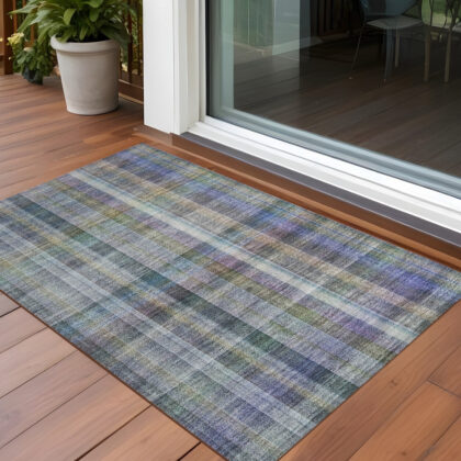 3' X 5' Blue Gray and Green Plaid Washable Non Skid Indoor Outdoor Area Rug