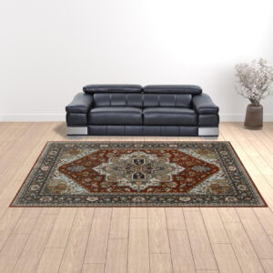 10' X 13' Blue Beige Grey Gold Green And Rust Red Oriental Power Loom Stain Resistant Area Rug With Fringe