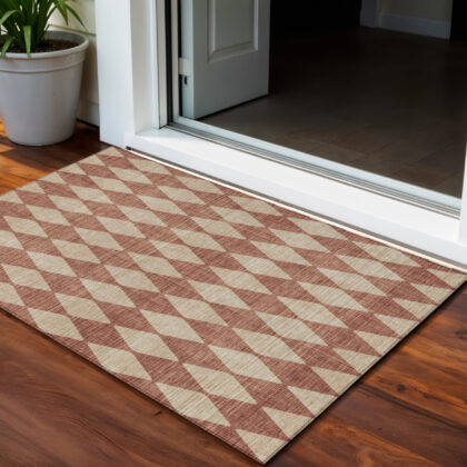 3' X 5' Orange And Copper Geometric Washable Indoor Outdoor Area Rug