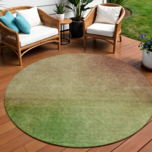 8' Blush Taupe And Green Round Ombre Washable Indoor Outdoor Area Rug