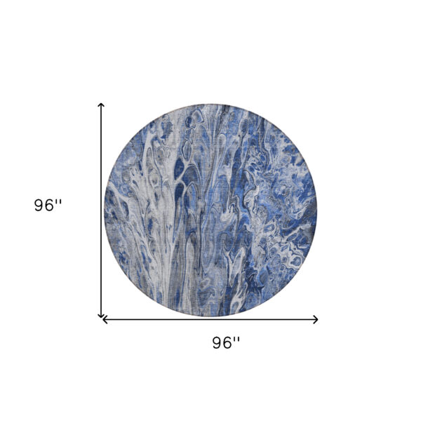 8' Denim Blue And Navy Blue Round Abstract Washable Indoor Outdoor Area Rug