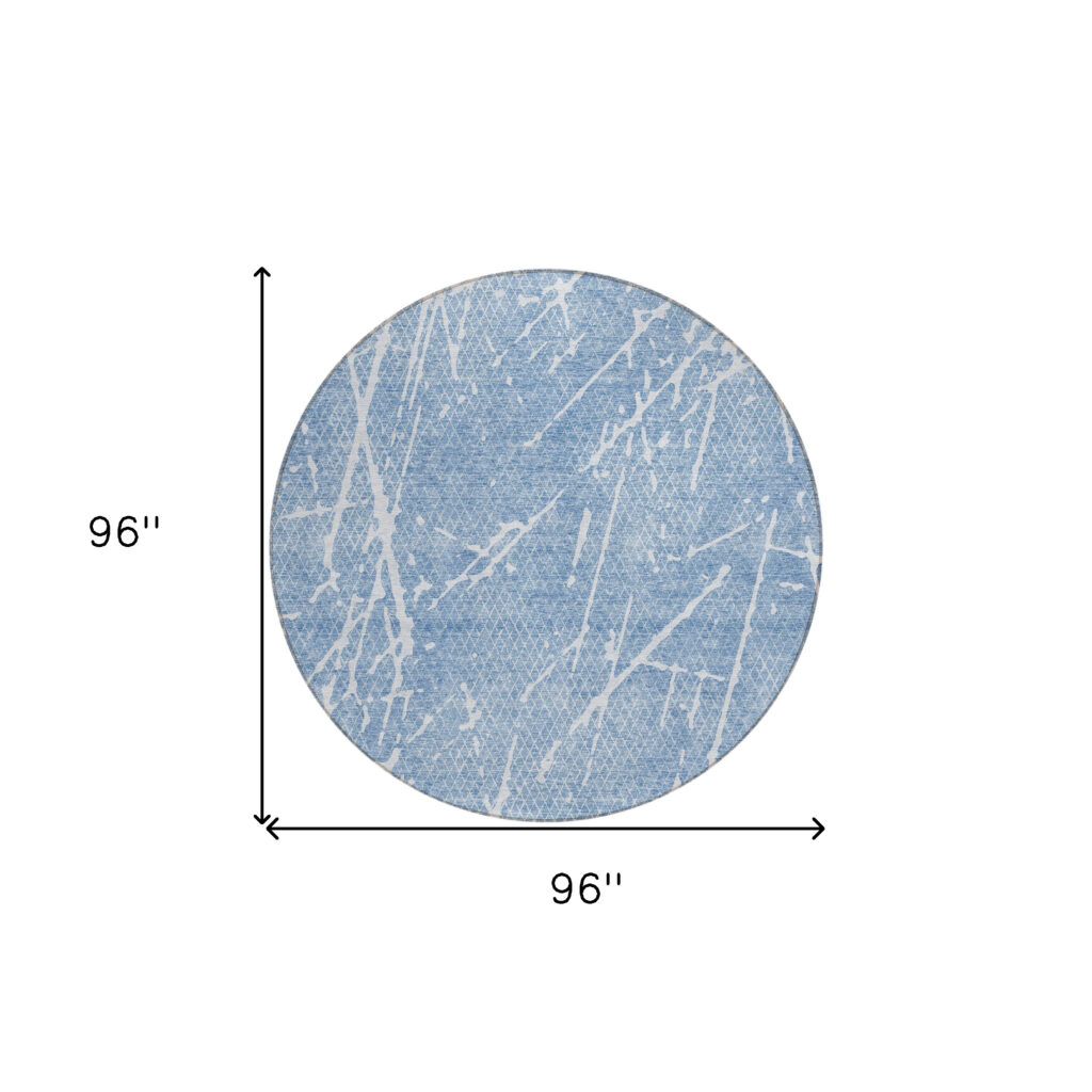 8' Blue And Ivory Round Abstract Washable Indoor Outdoor Area Rug