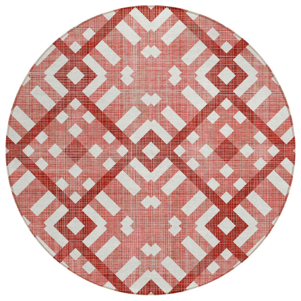 8' Red And Ivory Round Geometric Washable Indoor Outdoor Area Rug