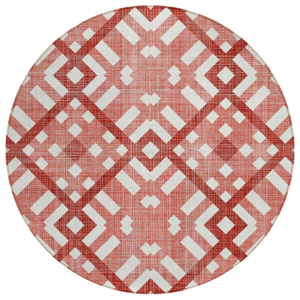 8' Red And Ivory Round Geometric Washable Indoor Outdoor Area Rug
