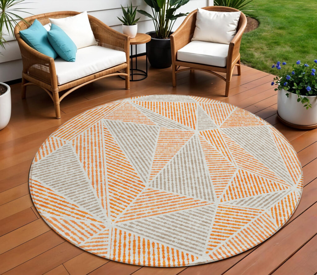 8' Orange Gray And Silver Round Geometric Washable Indoor Outdoor Area Rug