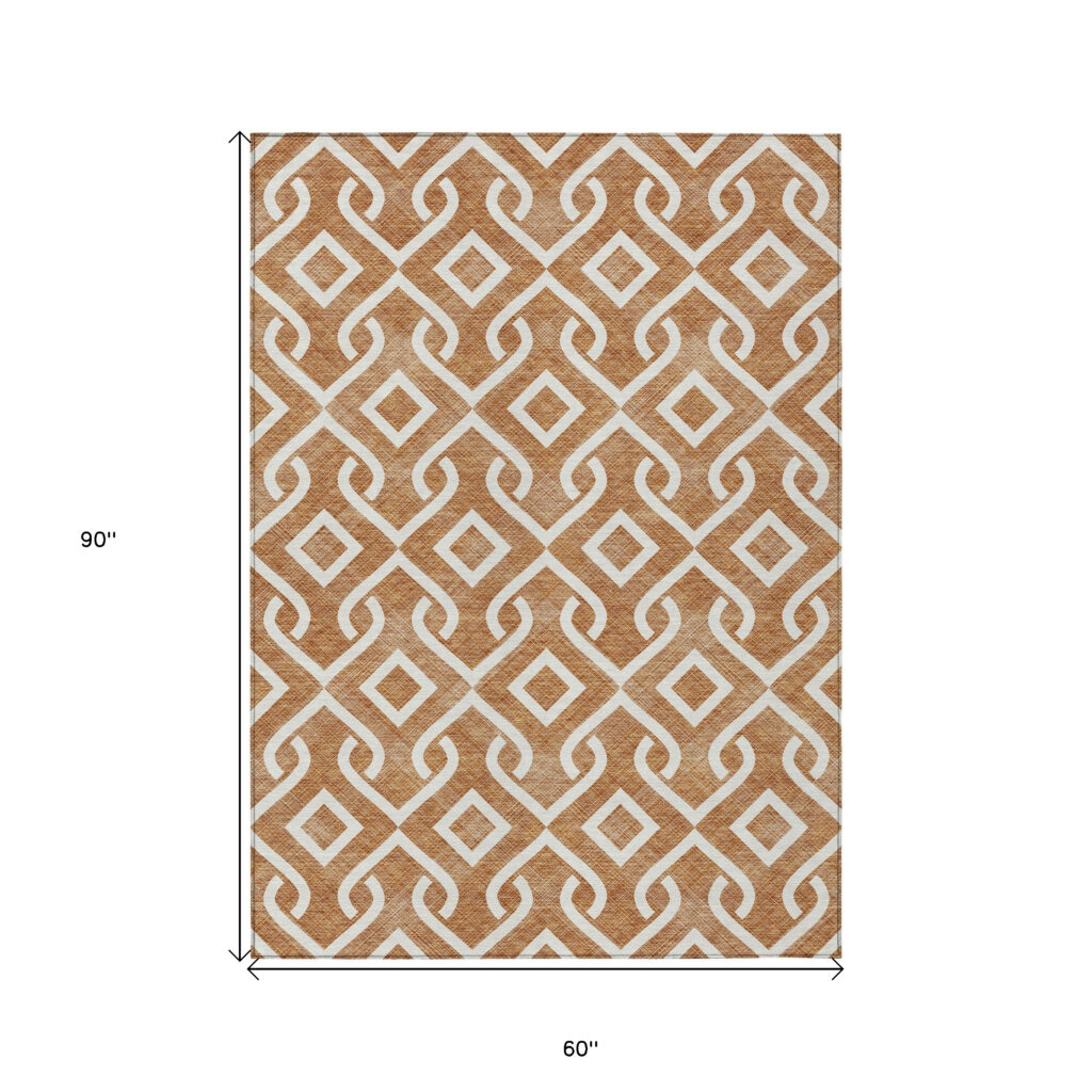 5' X 8' Orange And Ivory Geometric Washable Indoor Outdoor Area Rug