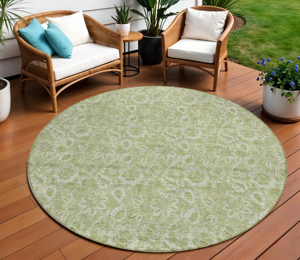 8' Green Round Floral Washable Indoor Outdoor Area Rug