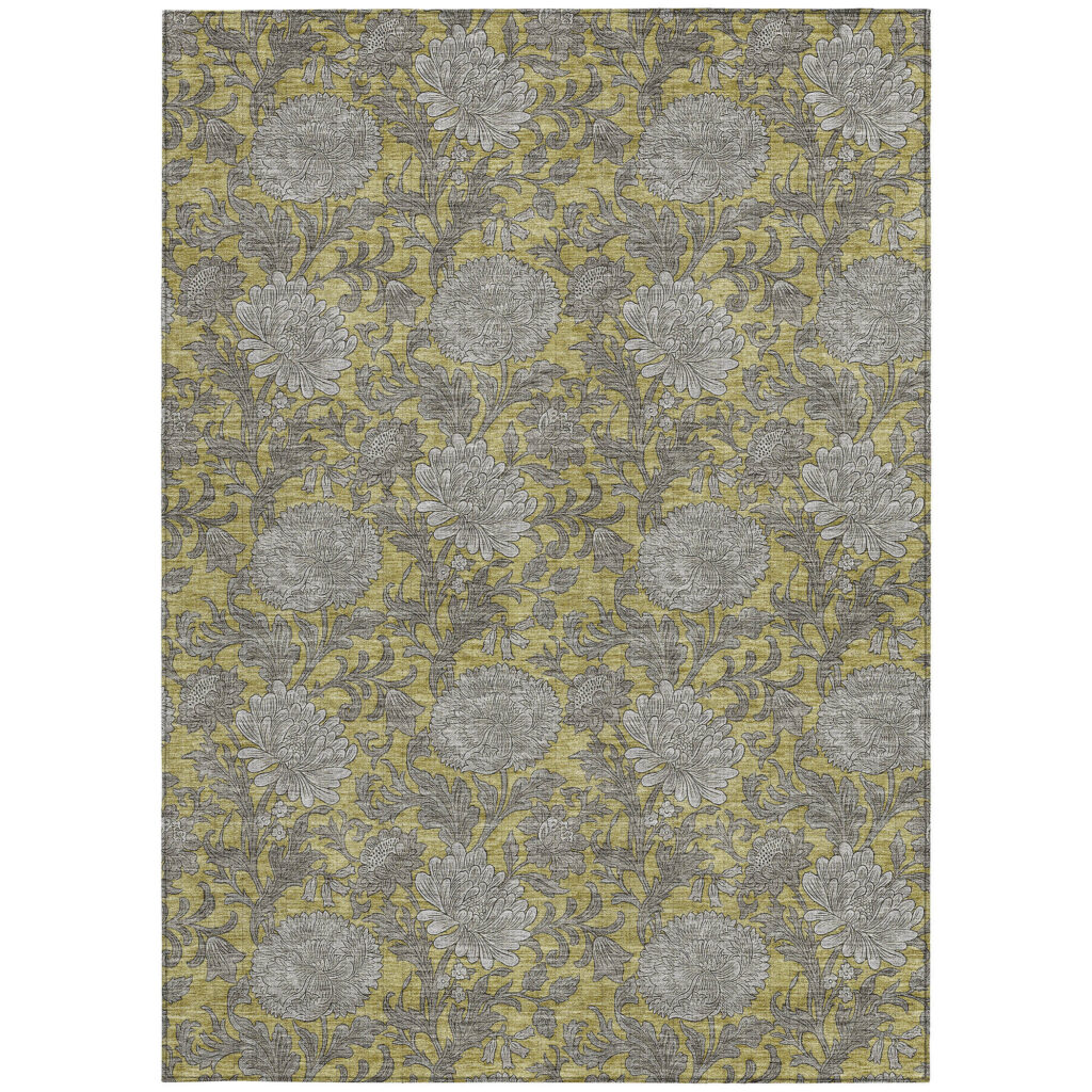 9' X 12' Gold Gray And Charcoal Floral Washable Indoor Outdoor Area Rug
