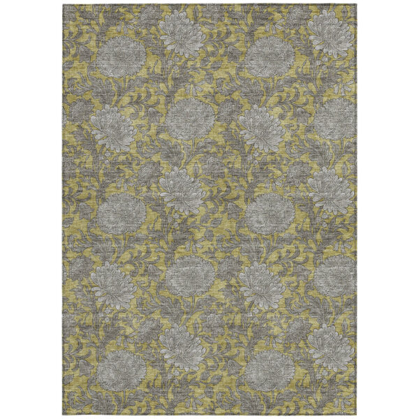 9' X 12' Gold Gray And Charcoal Floral Washable Indoor Outdoor Area Rug