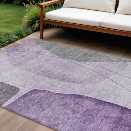 9' X 12' Purple Eggplant And Gray Abstract Washable Indoor Outdoor Area Rug