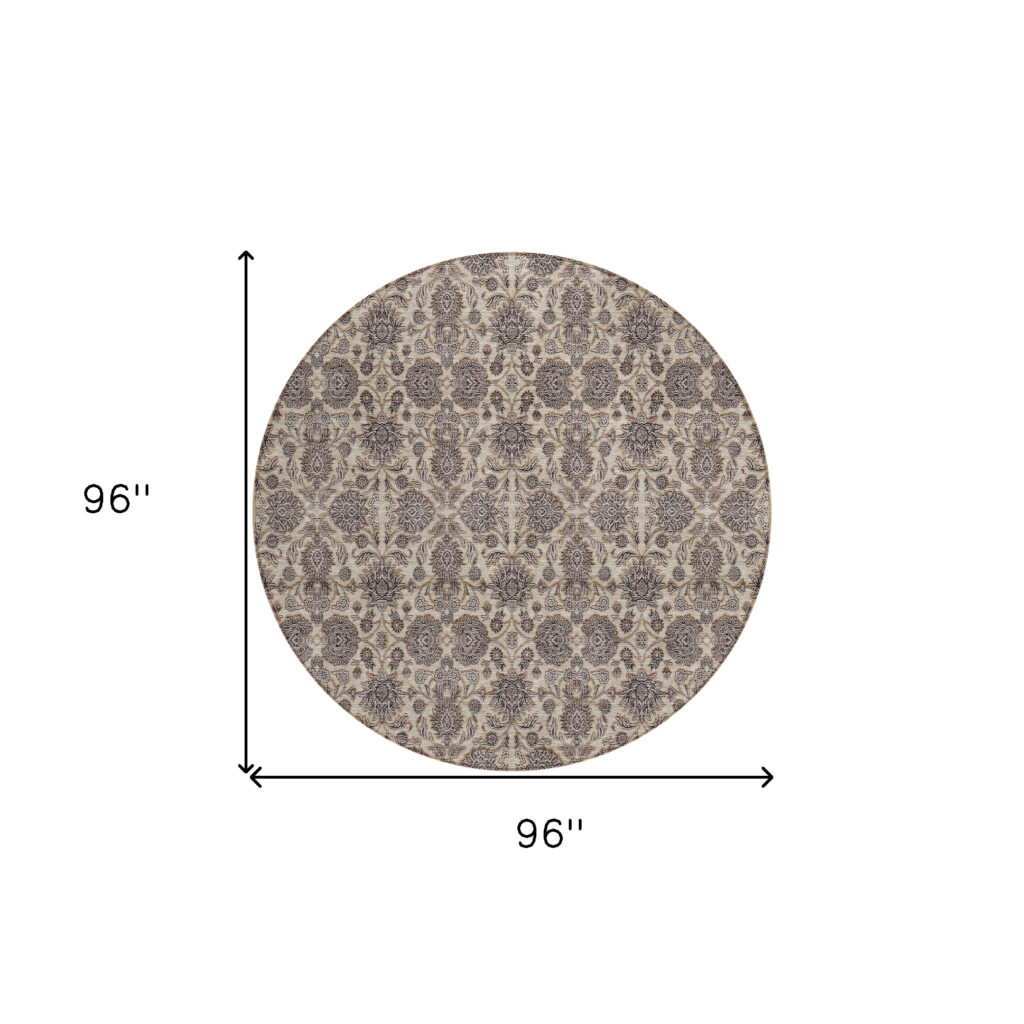 8' Ivory Taupe And Beige Round Floral Washable Indoor Outdoor Area Rug
