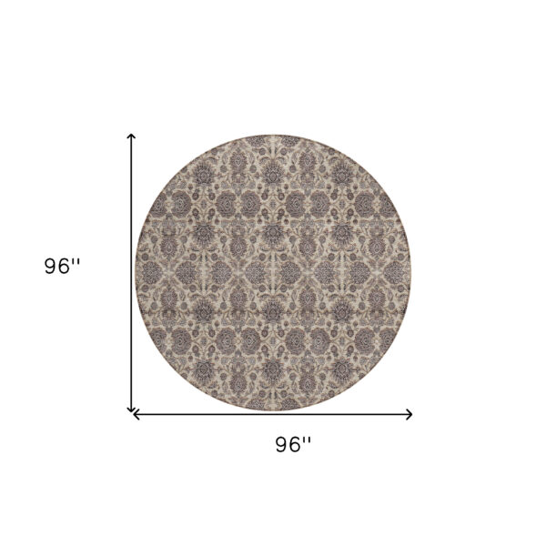 8' Ivory Taupe And Beige Round Floral Washable Indoor Outdoor Area Rug