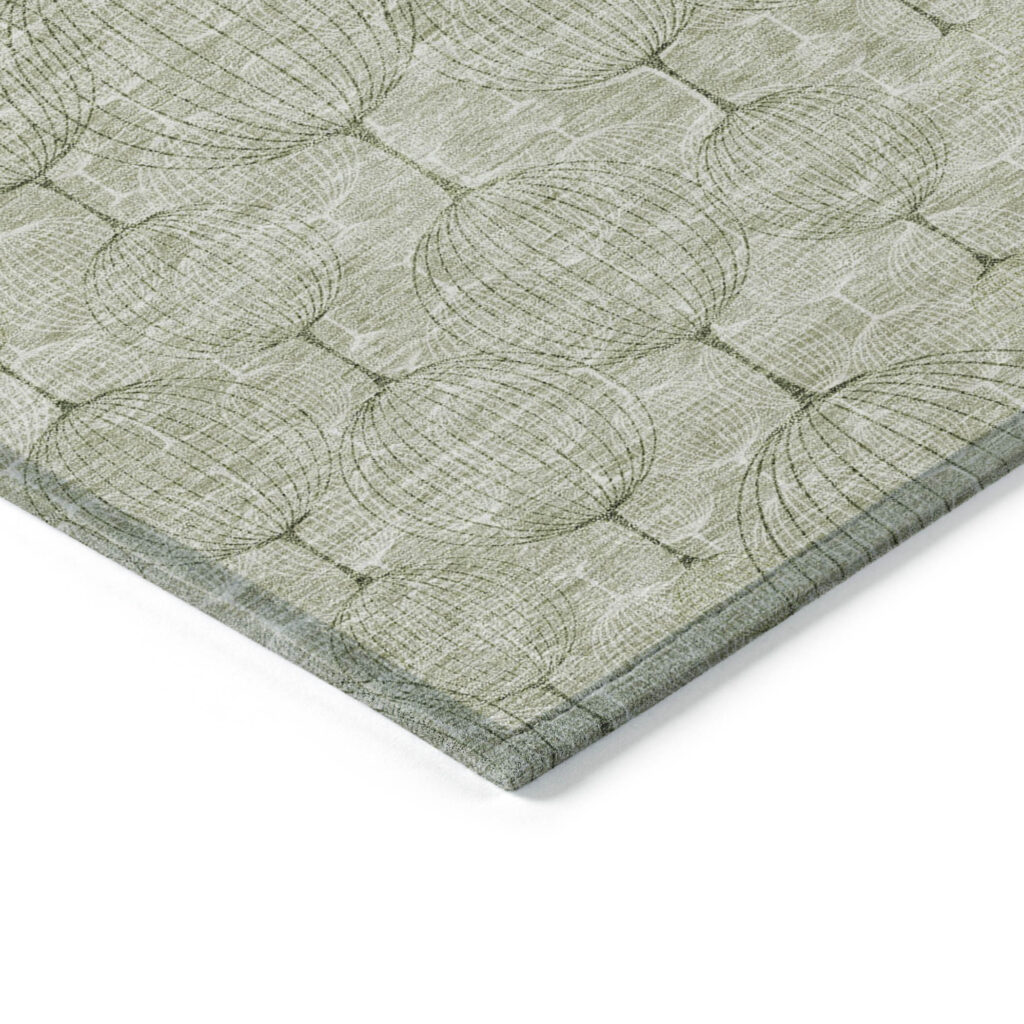 8' Artichoke Green And Ivory Round Geometric Washable Indoor Outdoor Area Rug