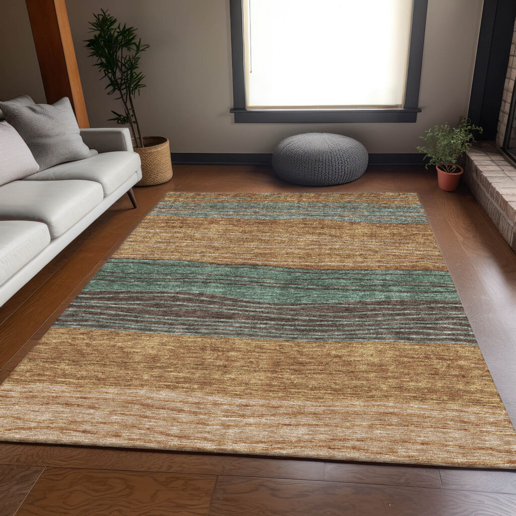 10' X 14' Terra Cotta Copper And Beige Striped Washable Indoor Outdoor Area Rug