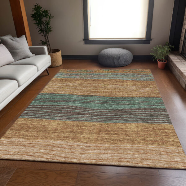 10' X 14' Terra Cotta Copper And Beige Striped Washable Indoor Outdoor Area Rug