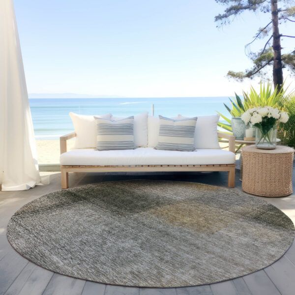 8' Taupe Gray And Beige Round Abstract Washable Indoor Outdoor Area Rug