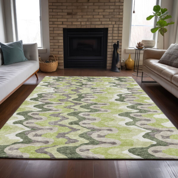 10' X 14' Artichoke Green Green And Ivory Abstract Washable Indoor Outdoor Area Rug