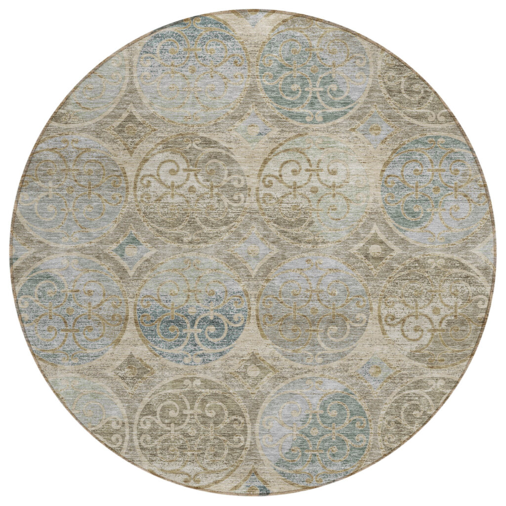 8' Beige Taupe And Blue Round Trellis Washable Indoor Outdoor Area Rug