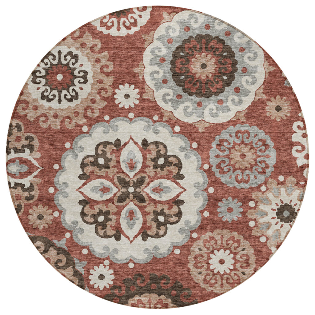 8' Orange Taupe And Gray Round Floral Medallion Washable Indoor Outdoor Area Rug