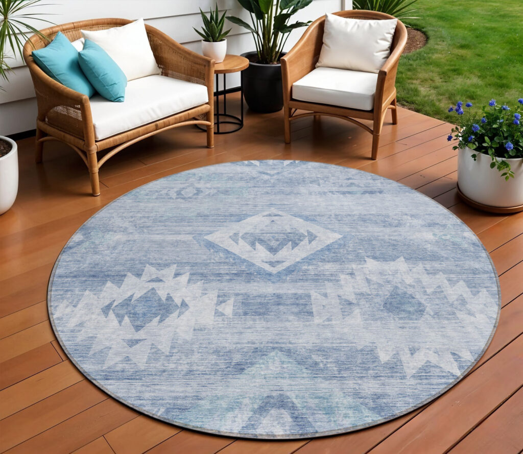 8' Denim Blue And Sky Blue Round Southwestern Washable Indoor Outdoor Area Rug