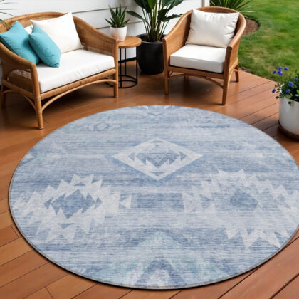 8' Denim Blue And Sky Blue Round Southwestern Washable Indoor Outdoor Area Rug
