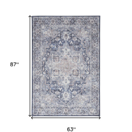 5' X 7' Blue And Pink Floral Power Loom Distressed Washable Area Rug