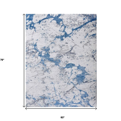 5' x 7' Blue and Silver Abstract Printed Washable Non Skid Area Rug