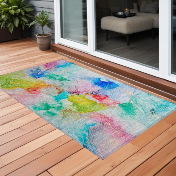3' X 5' Blue Abstract Washable Non Skid Indoor Outdoor Area Rug