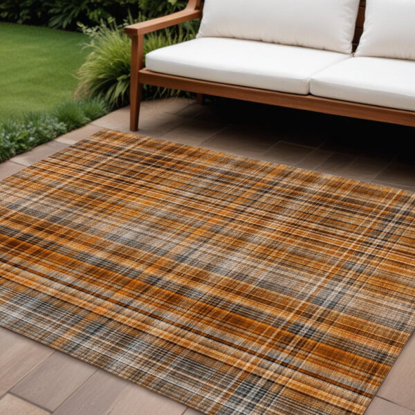 10' X 14' Terra Cotta Plaid Washable Non Skid Indoor Outdoor Area Rug