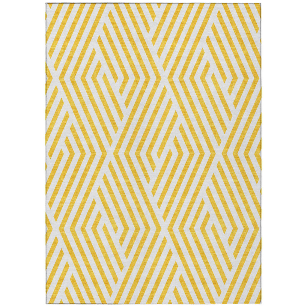 9' X 12' Gold and White Geometric Washable Non Skid Indoor Outdoor Area Rug