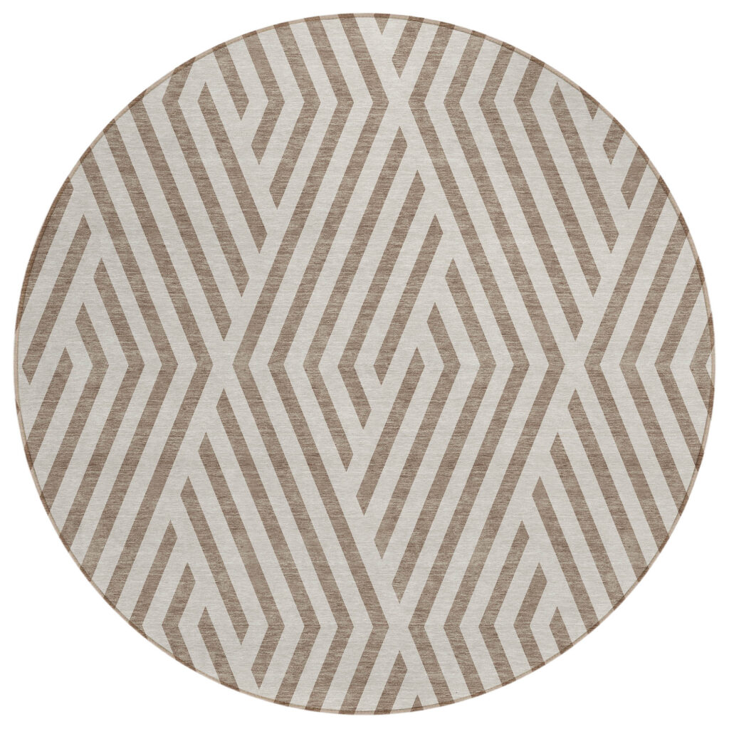 8' Round Taupe and Ivory Round Geometric Washable Non Skid Indoor Outdoor Area Rug