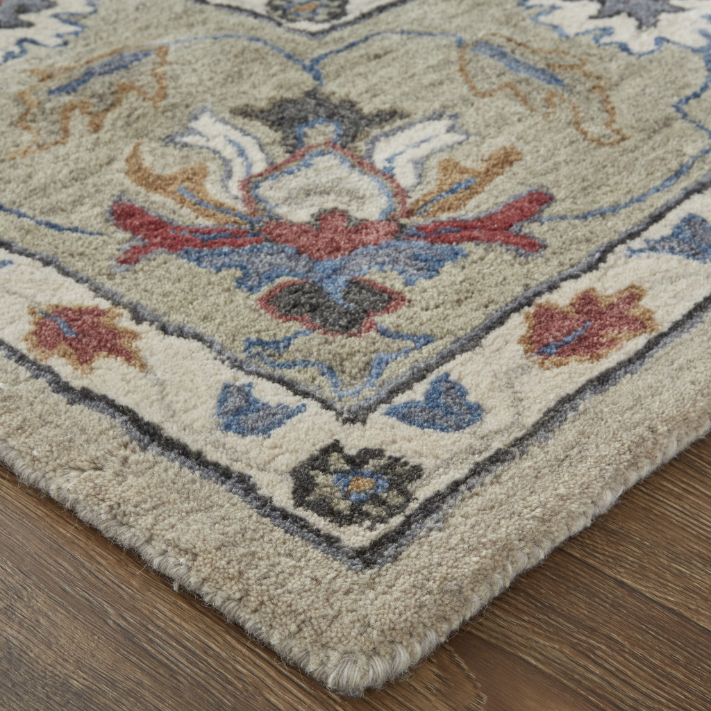 4' X 6' Ivory Taupe And Blue Wool Floral Tufted Handmade Stain Resistant Area Rug