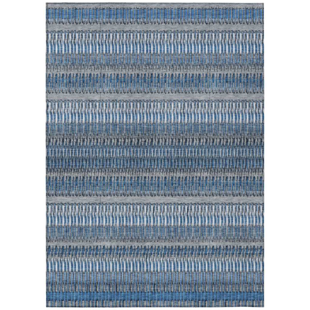 8' X 10' Denim Blue And Ivory Striped Washable Indoor Outdoor Area Rug