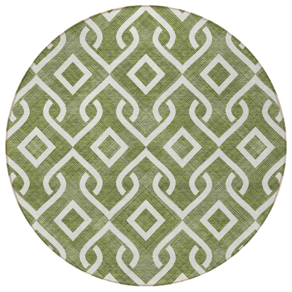 8' Olive Green And Ivory Round Geometric Washable Indoor Outdoor Area Rug