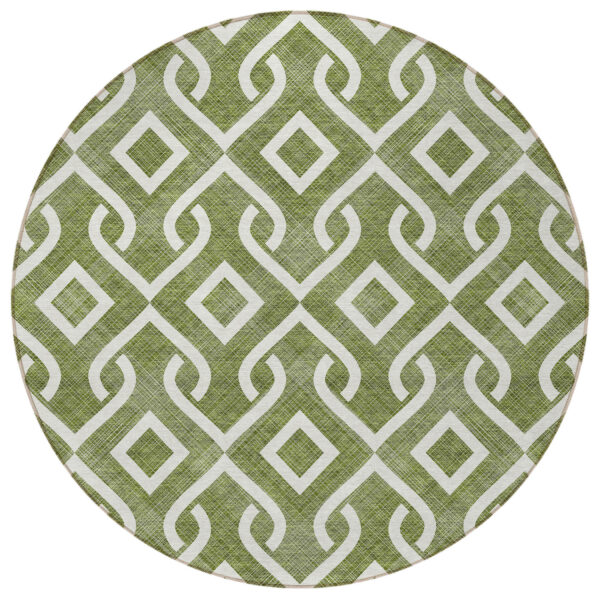 8' Olive Green And Ivory Round Geometric Washable Indoor Outdoor Area Rug