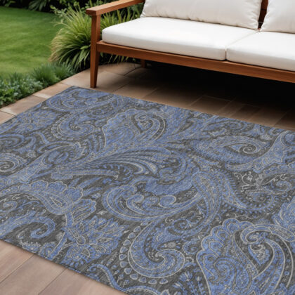 9' X 12' Charcoal Gray And Blue Paisley Washable Indoor Outdoor Area Rug